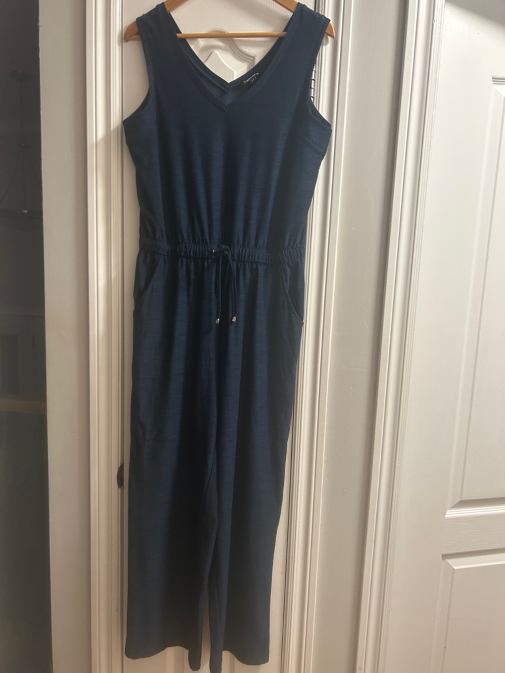 Sleeveless V-Neck Navy Maxi Jumpsuit with Drawstring Waist